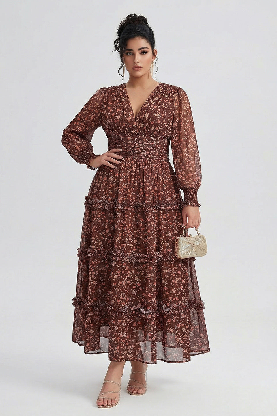 Curveins Plus Size V Neck Long Sleeve Floral Tiered Maxi Dress