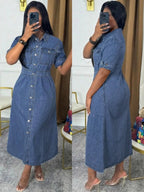 Chic Denim Shirt Dress - Button Down Midi with Chest Pockets & Cuffed Sleeves | Effortless Casual Jean Dress