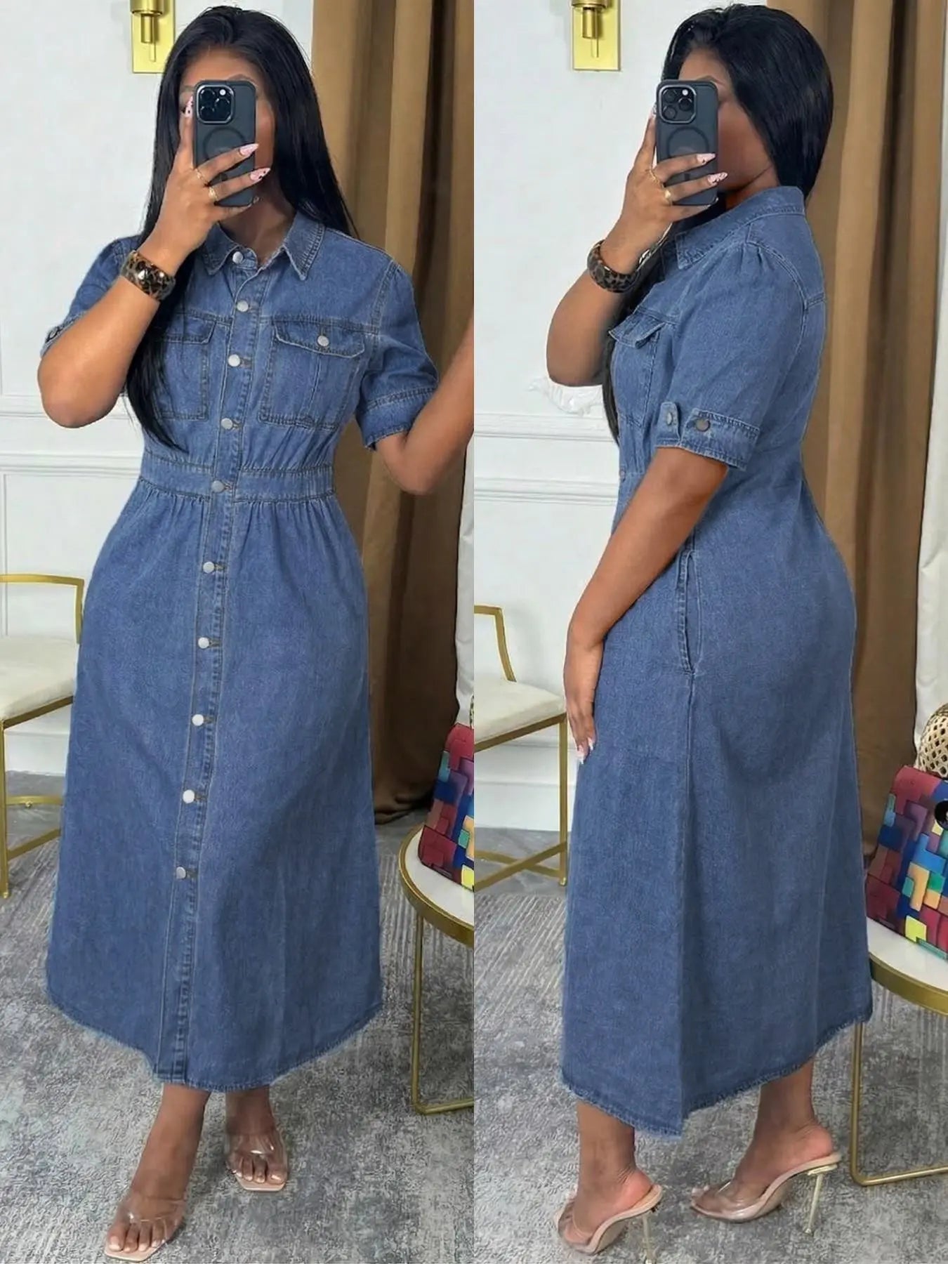 Chic Denim Shirt Dress - Button Down Midi with Chest Pockets & Cuffed Sleeves | Effortless Casual Jean Dress