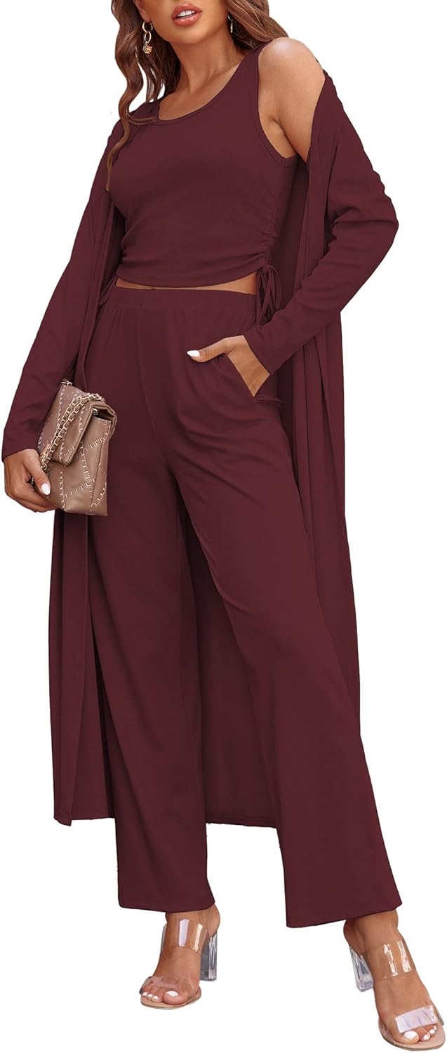 Women's 3 Piece Lounge Set Pajama Long Sleeve Cardigan Sleeveless Top Pants Sweatsuit