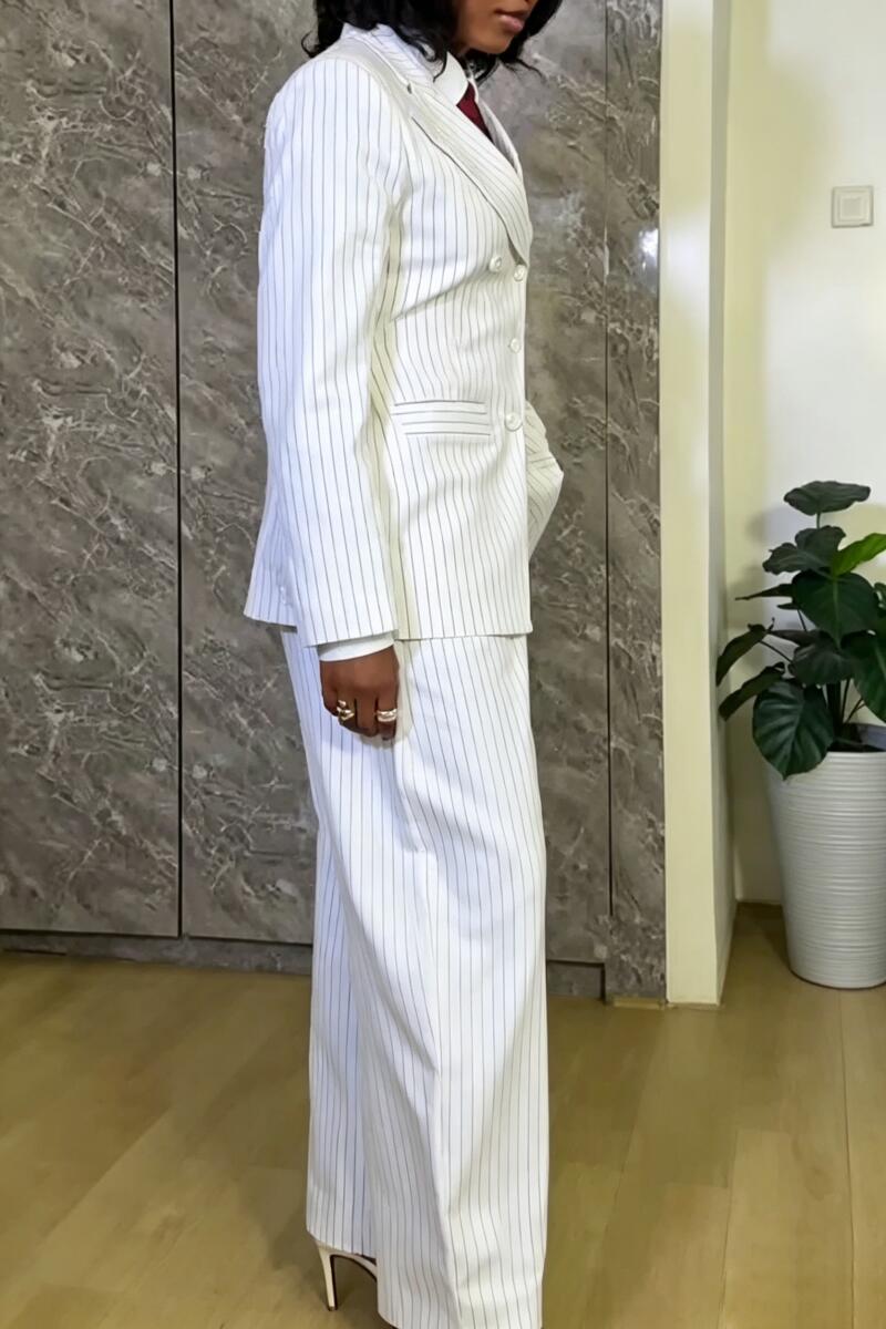 Women Collar Vertical Stripe Jacket+ Wide Leg Pants Temperament Commuting Formal Suit