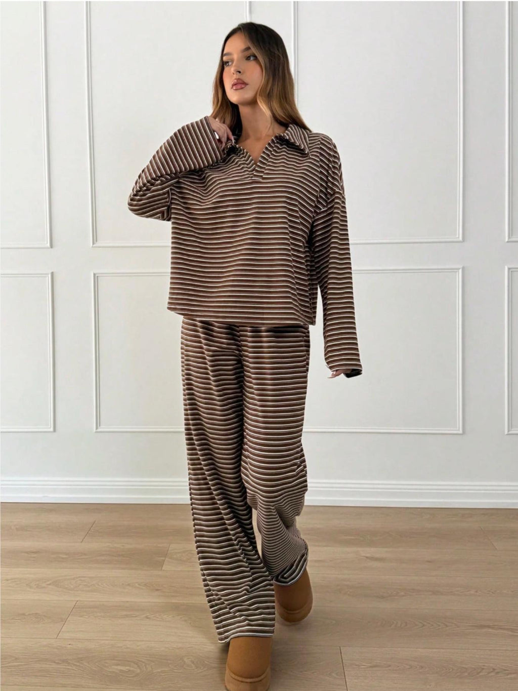 Women's 2pcs Set Loose Striped V-Neck Drop Shoulder Long Sleeve T-Shirt &Elastic Waist Striped Pants