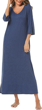 Women's long nightgown, three-quarter sleeve pure cotton pajamas, with pockets