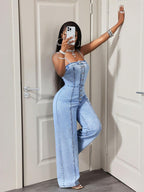 Women's Casual Denim Halter Backless Wide Leg Pants