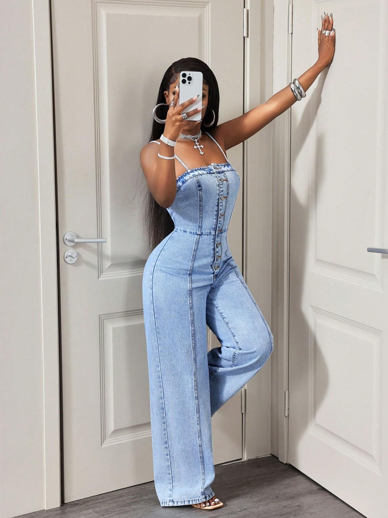 Women's Casual Denim Halter Backless Wide Leg Pants