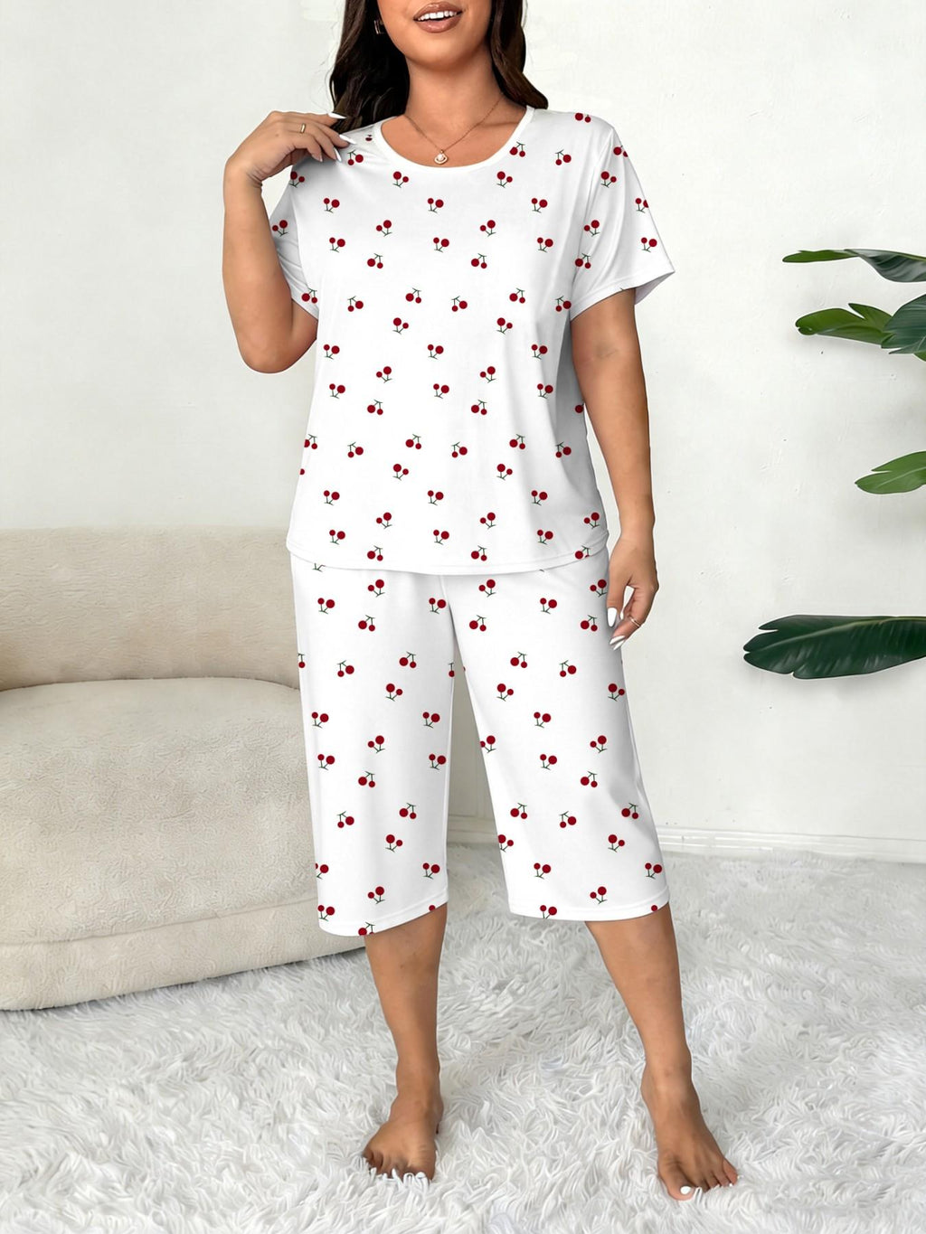 Plus-Size Women's Cherry Print Round Neck Short Sleeve Top and Capri Pants Set