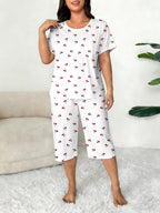 Plus-Size Women's Cherry Print Round Neck Short Sleeve Top and Capri Pants Set