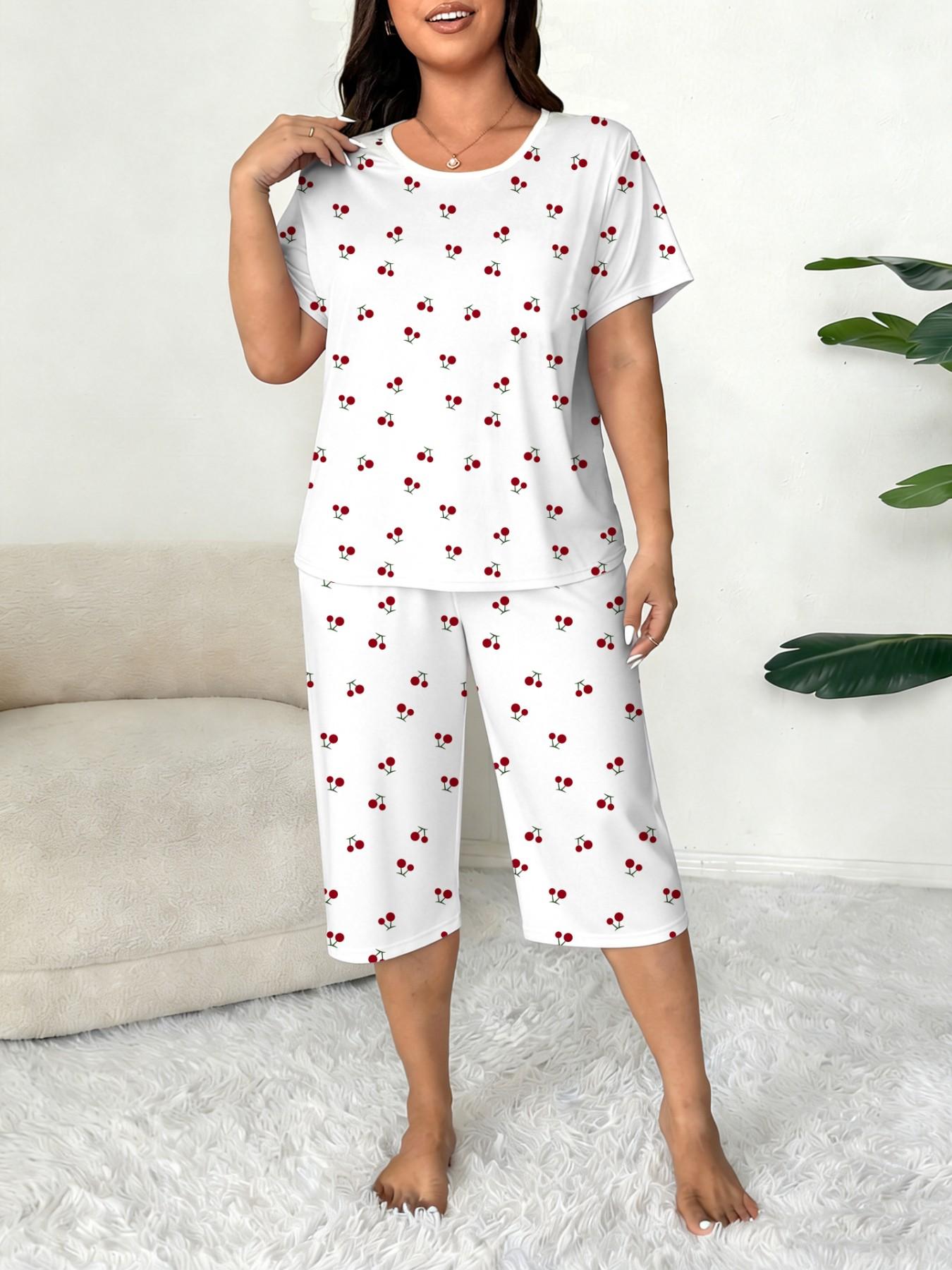 Plus-Size Women's Cherry Print Round Neck Short Sleeve Top and Capri Pants Set