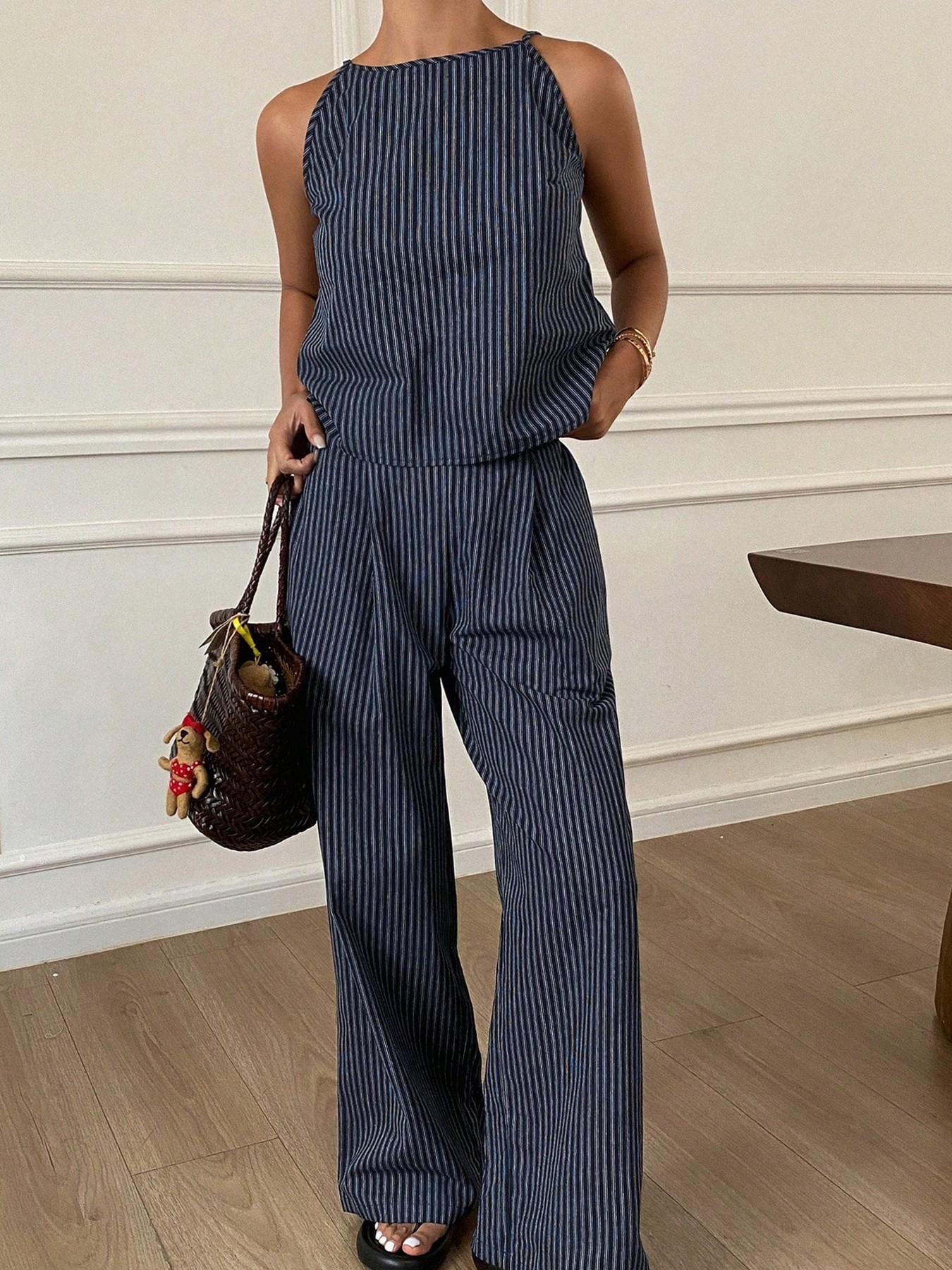 Two-Piece Women's Casual Summer Striped Lightweight Spaghetti Strap Sleeveless Top & Loose Long Pants Outfit Set, Comfortable Stylish Set