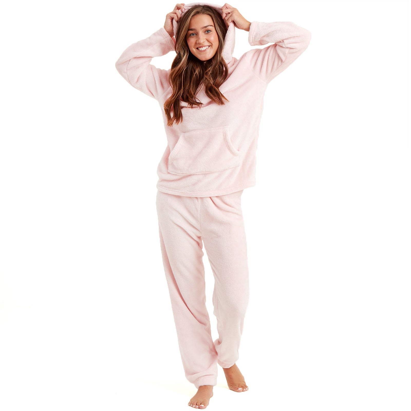 Womens Soft Fleece Hooded PJs Pyjama Bottoms Top Loungewear Set