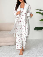 Plus Size Cherry Print Women's Sweet Comfortable Belted Robe & Sleeveless Long Pants & Cami Set