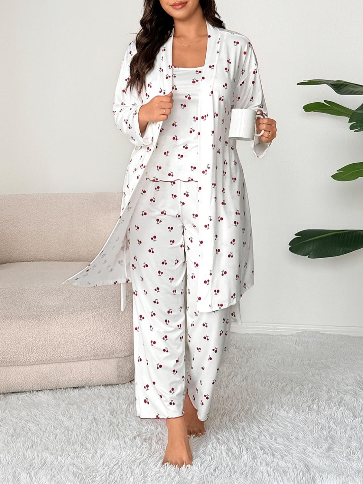 Plus Size Cherry Print Women's Sweet Comfortable Belted Robe & Sleeveless Long Pants & Cami Set