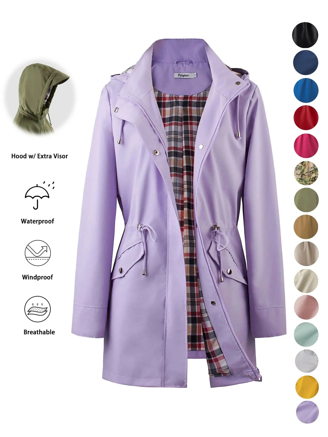 Women's Solid Color Drawstring Zip Up Hooded Trench Coat