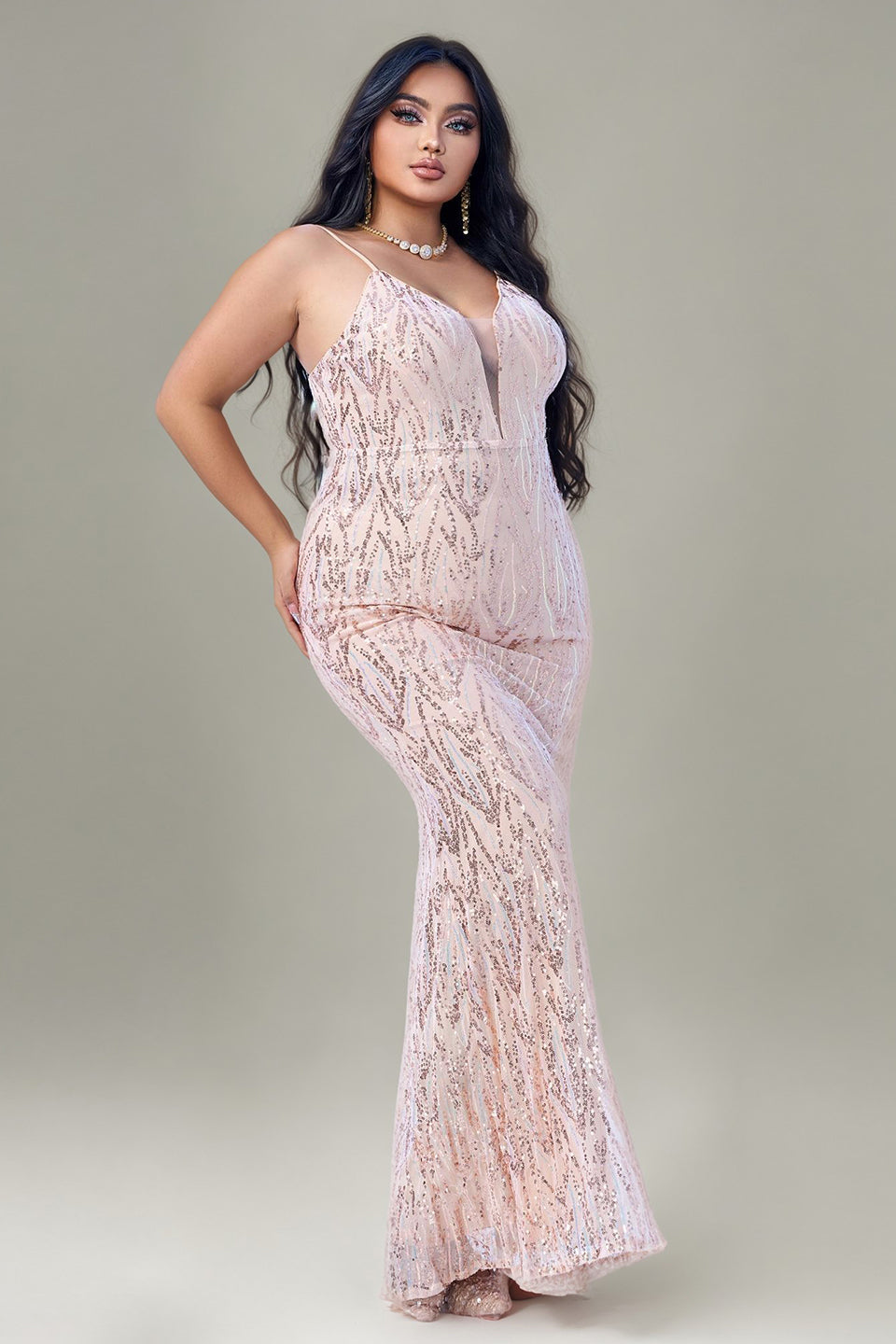 Curveins Plus Size V-Neck Spaghetti Strap Sleeveless Sequin Bodycon Maxi Dress