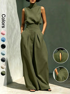 Women's Two-Piece Set High Neck Sleeveless Top and Long Pants, Elegant Style High Waist Wide Leg Pants Set, Fashionable Ladies