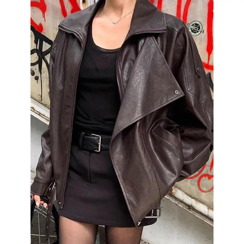 Black Faux Leather Jacket Stand Collar Oversized Moto Biker Jacket Elastic Hem Streetwear Casual Long Sleeve Waterproof Windproof Outerwear for Spring & Fall, Ladies Clothes for Daily Wear