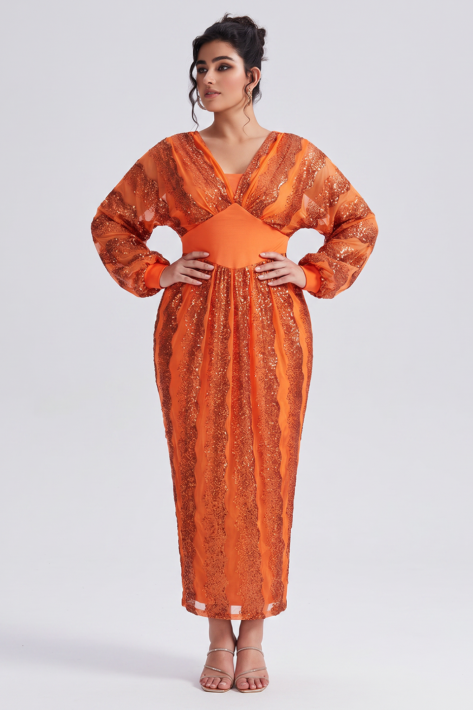 Curveins Plus Size V-Neck Sequin Balloon Sleeve Back-Slit Elegant Evening Maxi Dress