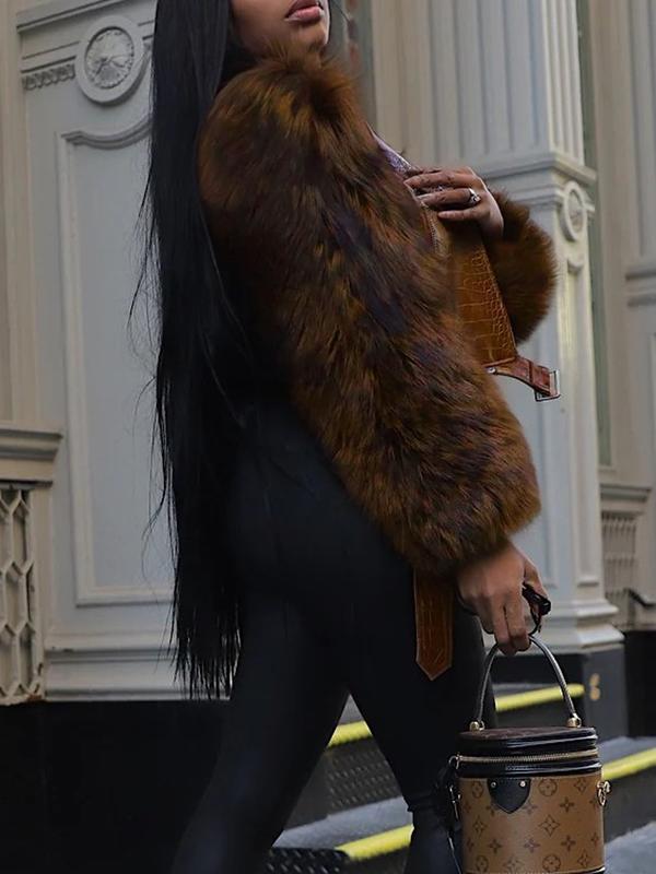 Women's Patchwork Fur Jacket, Crocodile Texture Sleeves, Zipper Design, Casual Biker Style, All Seasons Wear, Stylish & Luxurious Look