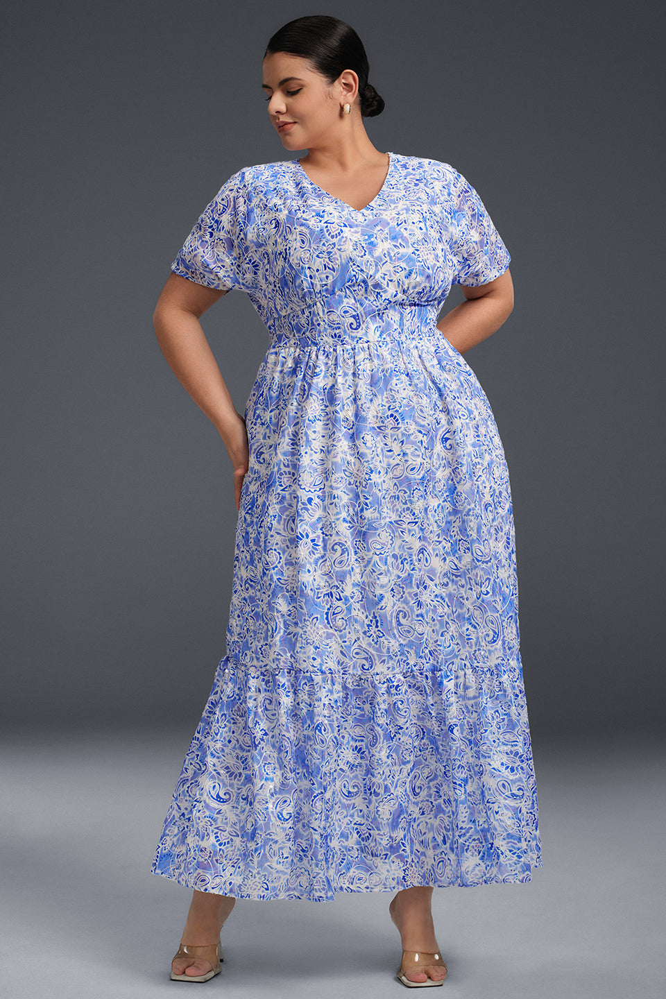 Curveins Plus Size V-Neck Floral Ruffle Hem Maxi Dress