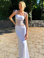 Women's Patchwork Floral Lace Tie Back Cami  Dress, Elegant Fashion Long Dress for Party Club Dating Wear, Women Dress for Summer