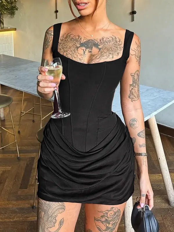 Sexy Fishbone Bodycon Ruched Drawstring Mini Corset Dress Sexy Women Night Out Club Wear Party Dress