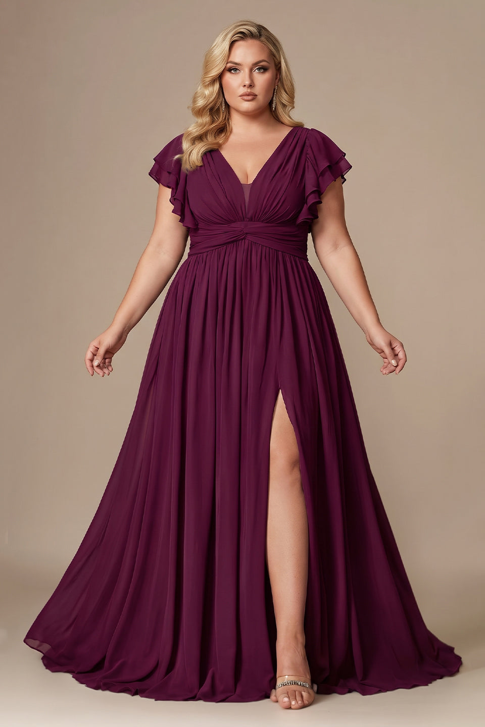Curveins Plus Size V-Neck Ruffle Sleeve Split A-Line Maxi Dress