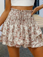 Women's Floral Print Woven Fabric Frill Trim Shirred Tiered Layer Shorts, Casual Lightweight Loose High Waist Tie Front Drawstring Wide Leg Shorts for Spring & Fall, Women's Bottoms for Daily Wear, 1 Piece Womenswear