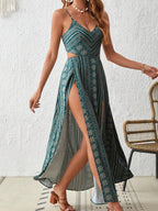 Women's Boho Striped Bodycon Dress, Split Thigh Backless Spaghetti Strap, Perfect for Beach Vacation & Layering