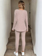 2pcs/Set Women's Casual  Plush Rib-Knit Long Sleeve T-Shirt And Leggings Suit, Autumn/Winter