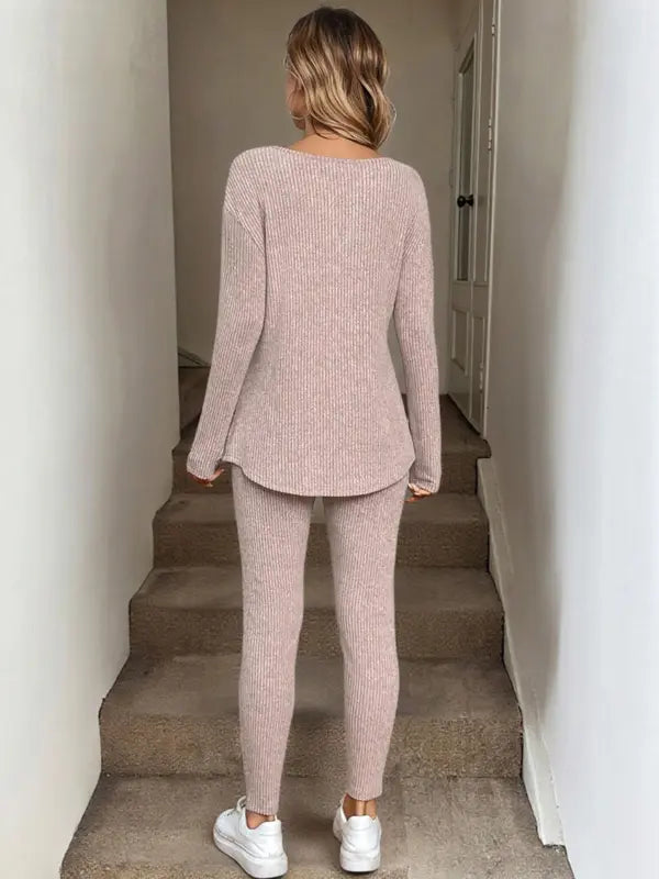 2pcs/Set Women's Casual  Plush Rib-Knit Long Sleeve T-Shirt And Leggings Suit, Autumn/Winter