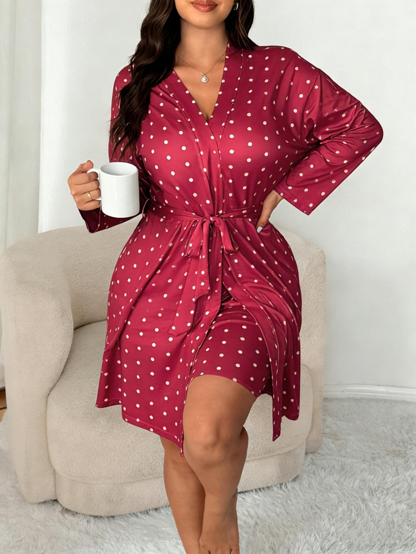 Plus Size Women's Nightwear Set, Floral Print Lace Nightdress + Long Robe