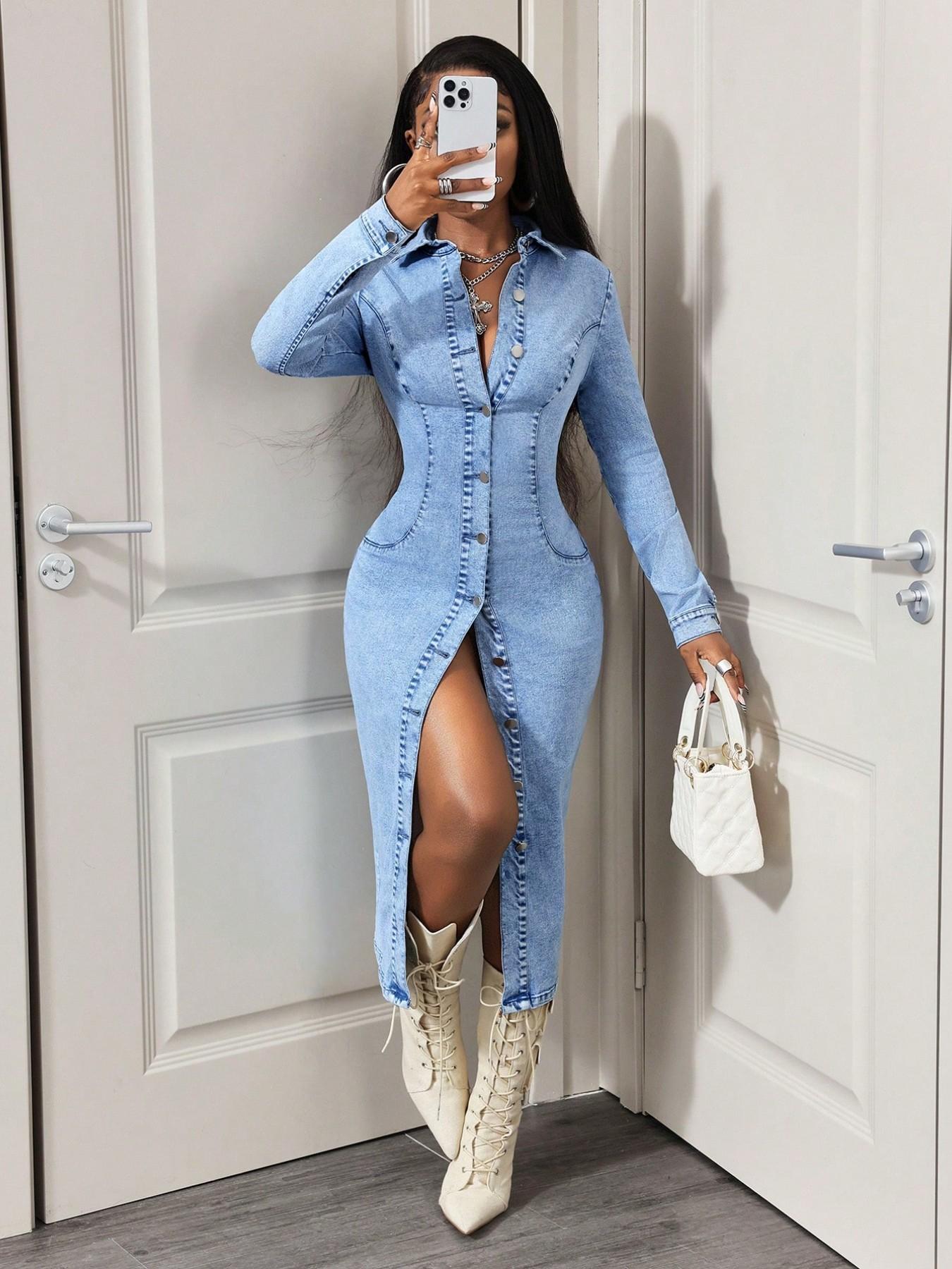 Slim-Fitting Long Sleeve Denim Dress