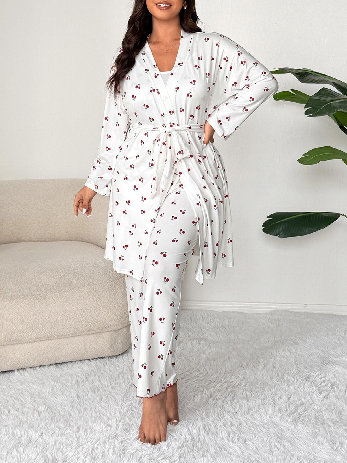 Plus Size Cherry Print Women's Sweet Comfortable Belted Robe & Sleeveless Long Pants & Cami Set