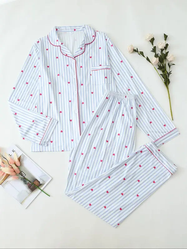 Two-Piece Set Women's All Over Bow Print Button Front Shirt & Pants Pyjama, Casual Comfy Long Sleeve Lapel Neck Top & Trousers PJ Set, Women's Sleepwear for Spring & Fall