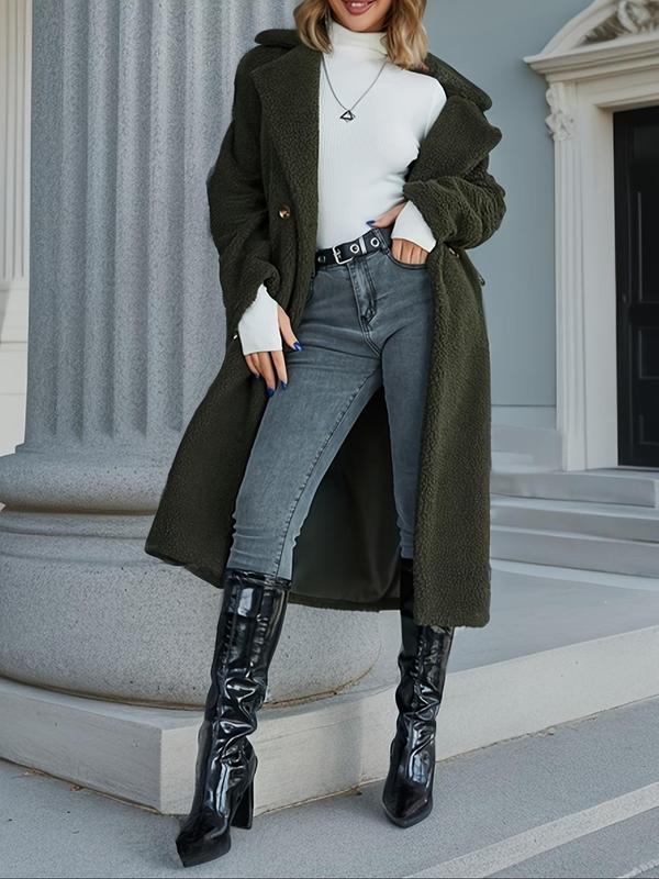 Women's Plain Pocket Button Front Faux Fur Coat, Casual Long Sleeve Lapel Outerwear For Fall & Winter, Women's Clothing For Daily Wear