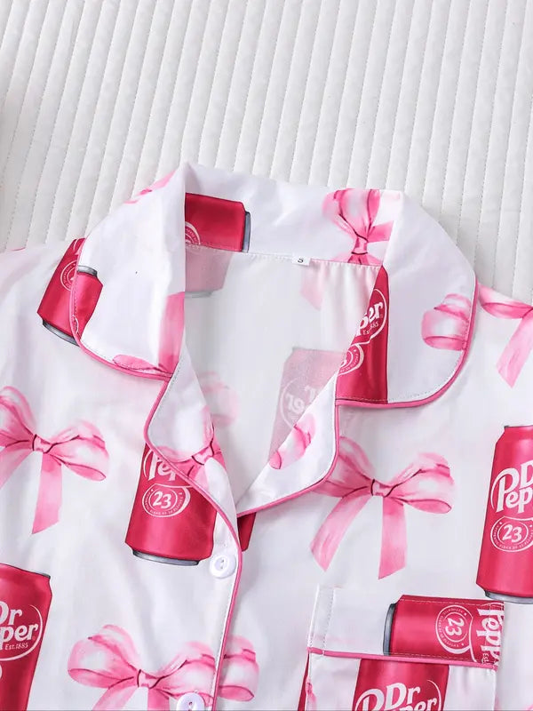 Women's Dr Pepper Pajama Set, Long Sleeve Soda Print Sleepwear, Cozy Soft Fabric Loungewear Gift for Fall and Winter