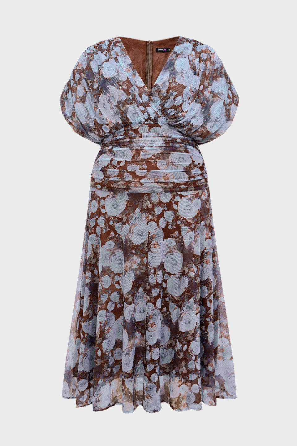Curveins Plus Size V Neck Puff Sleeve Waist Defining Floral Print Elegant Maxi Dress
