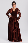 Curveins Plus Size Elegant V Neck Long Sleeve Ruched Waist Flowy Velet Maxi Dress