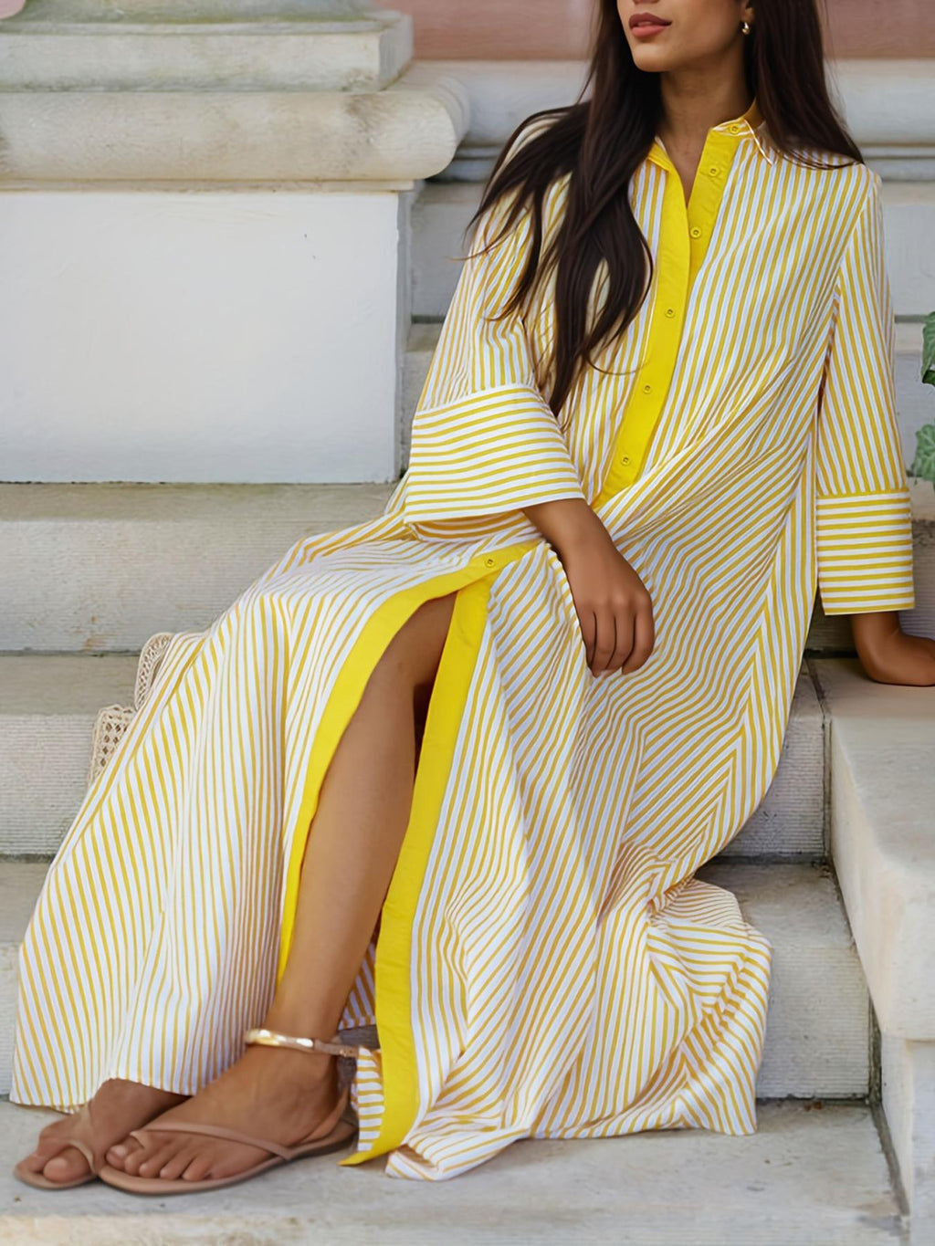 Elegant Women's Loose Collared Button Front Striped Shirt Dress