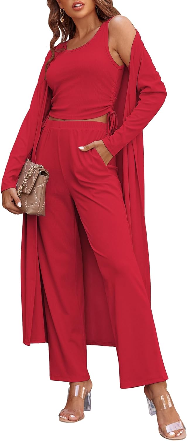 Women's 3 Piece Lounge Set Pajama Long Sleeve Cardigan Sleeveless Top Pants Sweatsuit
