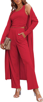 Women's 3 Piece Lounge Set Pajama Long Sleeve Cardigan Sleeveless Top Pants Sweatsuit