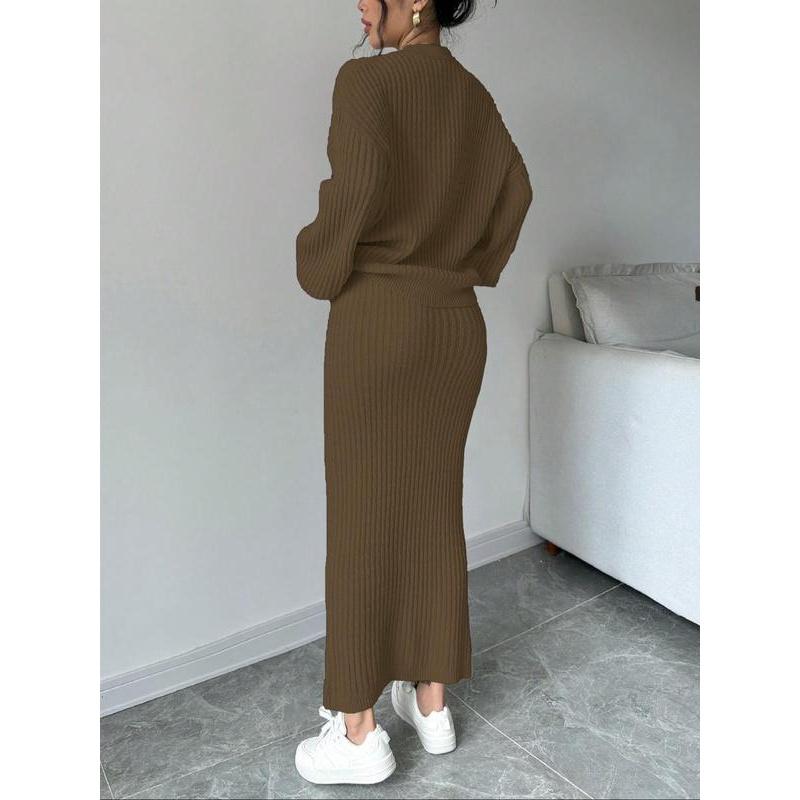 Women's Solid Button Front Sweater & Long Skirt Two-piece Set, Casual Drop Shoulder Long Sleeve Knit Top & High Waist Skirt for Daily Outdoor Wear, Women's Knitwear for Fall & Winter