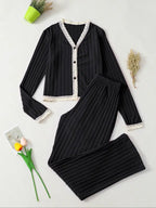 Women's V Neck Long Sleeve Pajama Set, Casual Fitted Sleepwear for All Seasons, Elegant Home Wear, 2pcs New Arrival