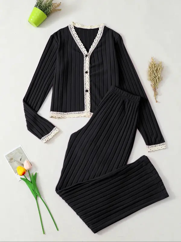 Women's V Neck Long Sleeve Pajama Set, Casual Fitted Sleepwear for All Seasons, Elegant Home Wear, 2pcs New Arrival