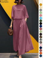 Women's Top & Wide Leg Pants Two-piece Set, Casual Fashion Minimalist Cozy Three Quarter Length Sleeve Top & Trousers for Daily Outdoor Wear, Ladies Clothes for All Seasons, Womenswear
