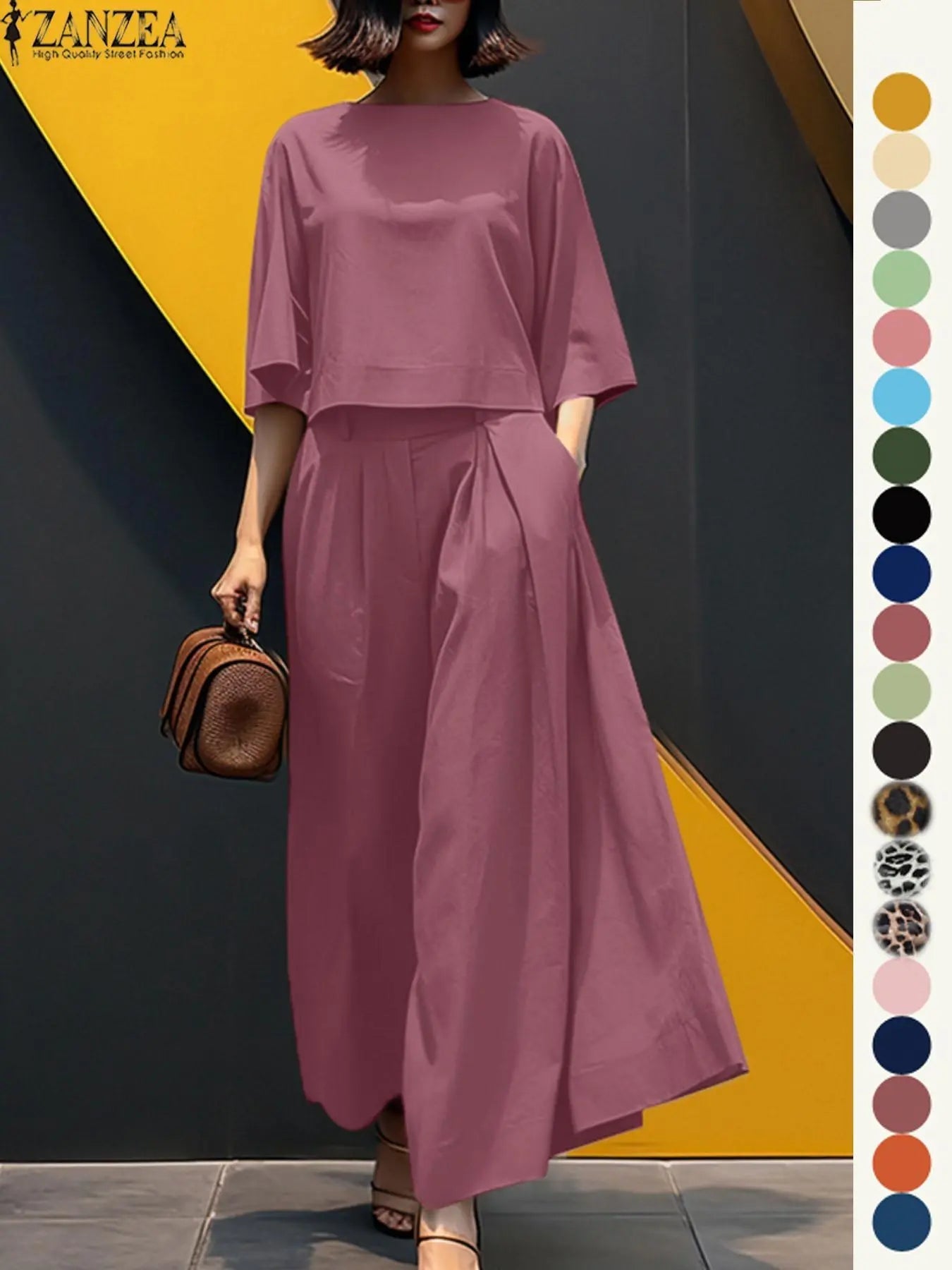 Women's Top & Wide Leg Pants Two-piece Set, Casual Fashion Minimalist Cozy Three Quarter Length Sleeve Top & Trousers for Daily Outdoor Wear, Ladies Clothes for All Seasons, Womenswear