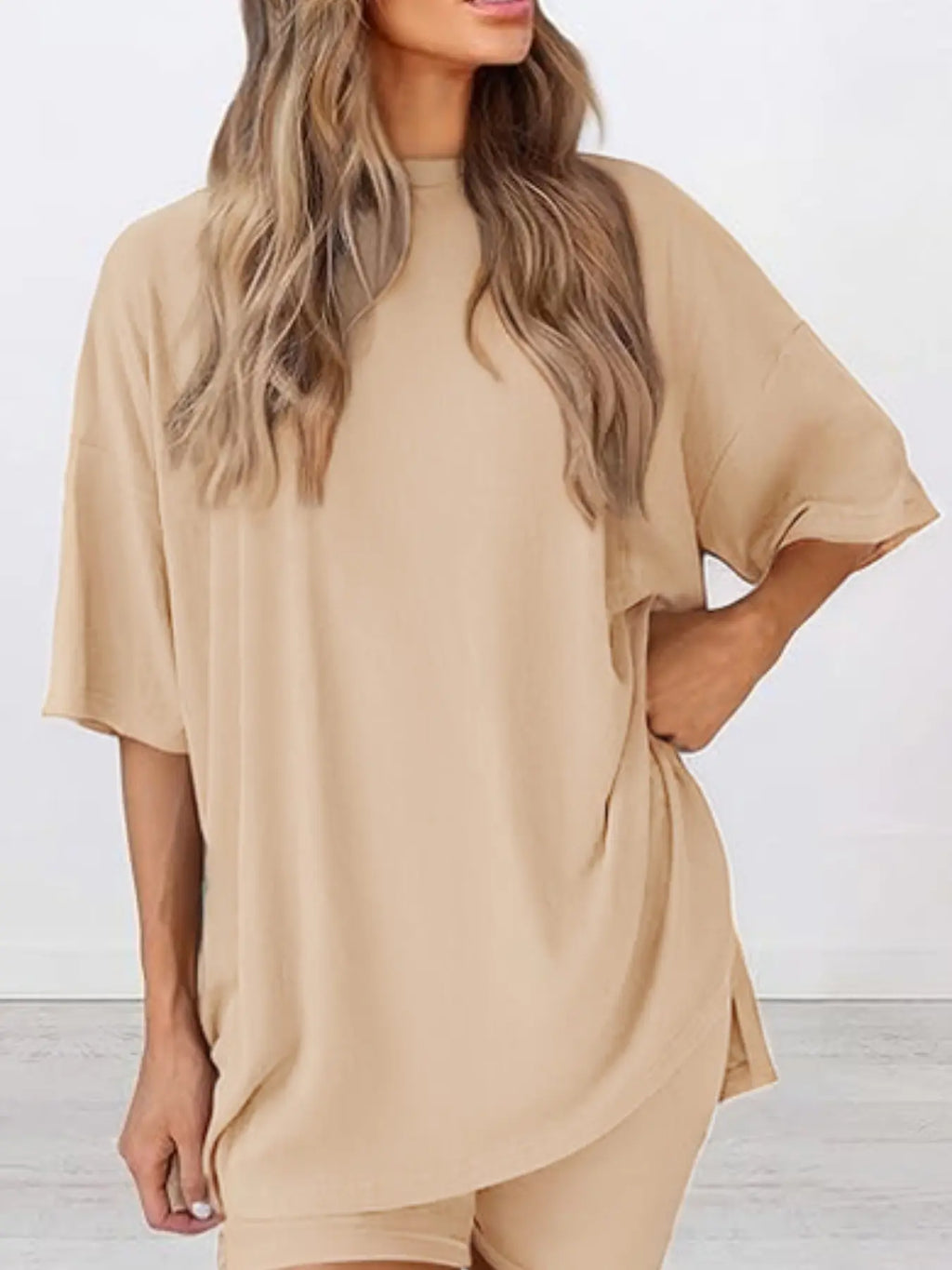 Women's Solid Color T-Shirt and Tight Shorts Set, Casual Summer Comfort Round Neck Sleepwear, Pocket Design, Outdoor Wear