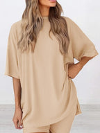 Women's Solid Color T-Shirt and Tight Shorts Set, Casual Summer Comfort Round Neck Sleepwear, Pocket Design, Outdoor Wear