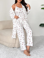Plus Size Cherry Print Women's Sweet Comfortable Belted Robe & Sleeveless Long Pants & Cami Set