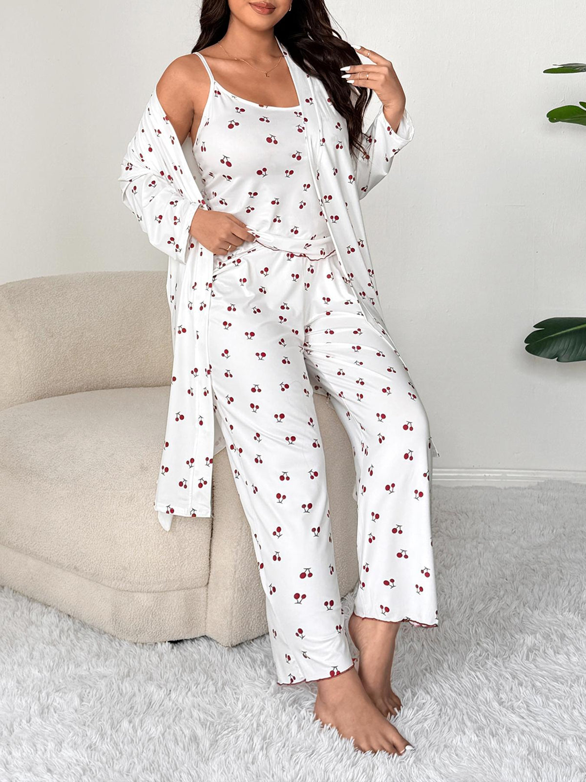 Plus Size Cherry Print Women's Sweet Comfortable Belted Robe & Sleeveless Long Pants & Cami Set